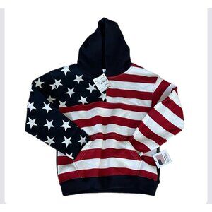 US Vintage Kids Flag Pullover Hoodie Patriot Kangaroo Pocket Long Sleeve Youth L